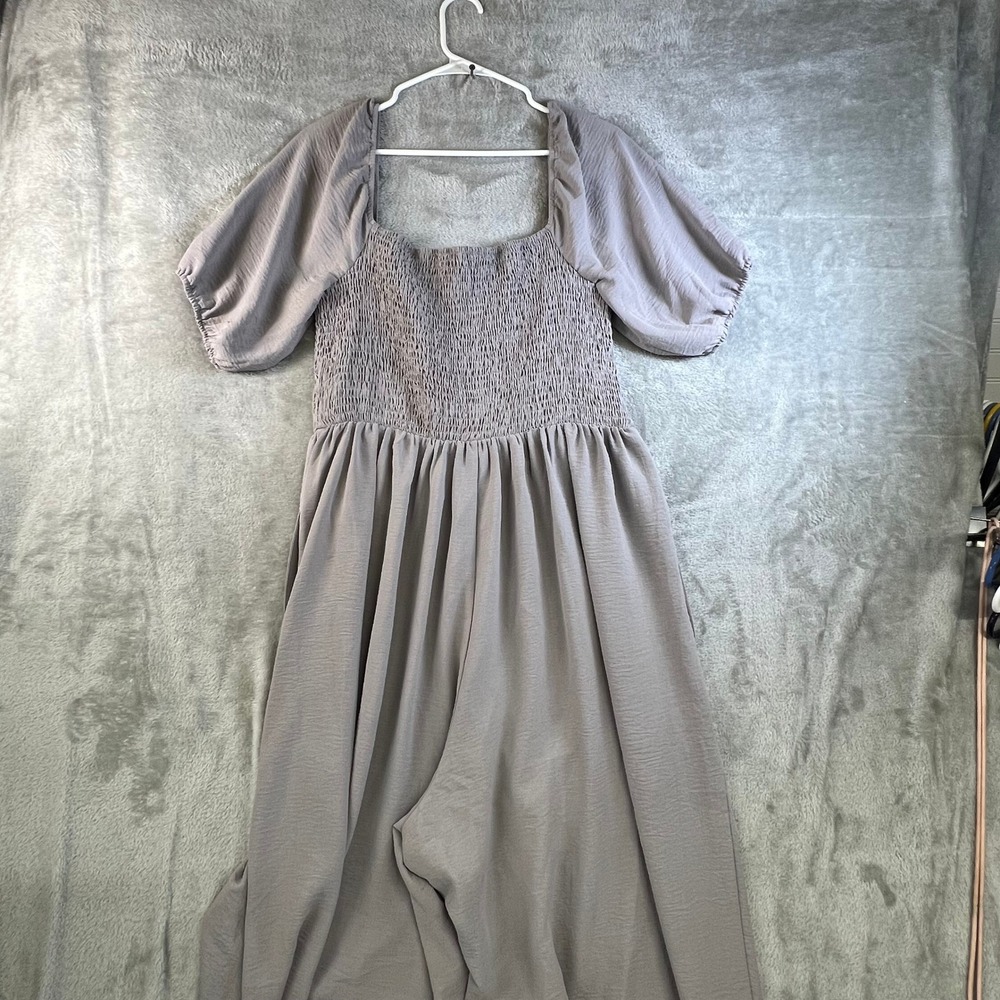 Gray‎ Smocked Square Neck Wide Leg Jumpsuit XL Boho Casual